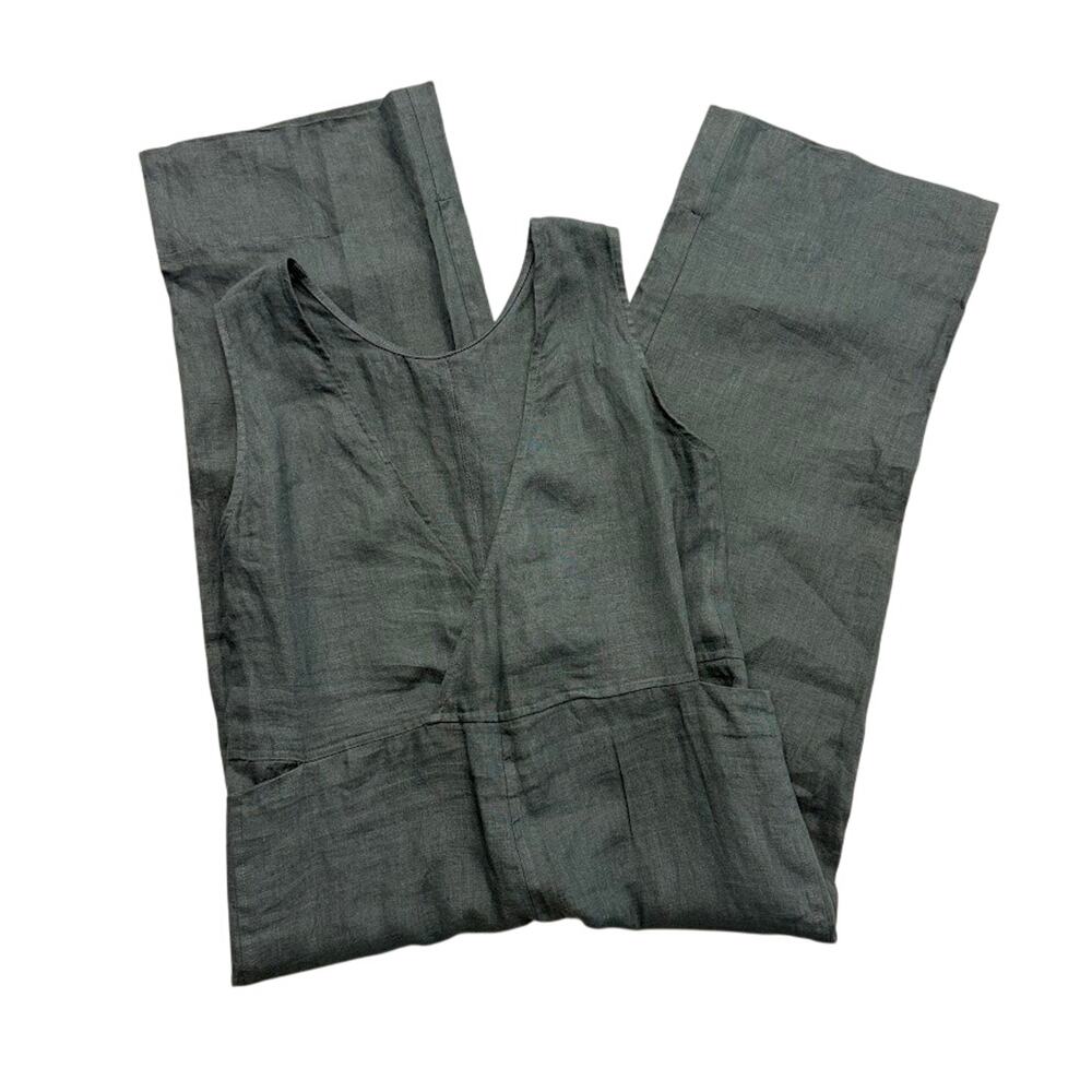 FLAX V Neck Wide Leg Linen Jumpsuit Moss Green L